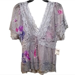 Vintage Boho Y2k Cottagecore Sheer Floral Lace VNeck Top Blouse Button Down Sz S